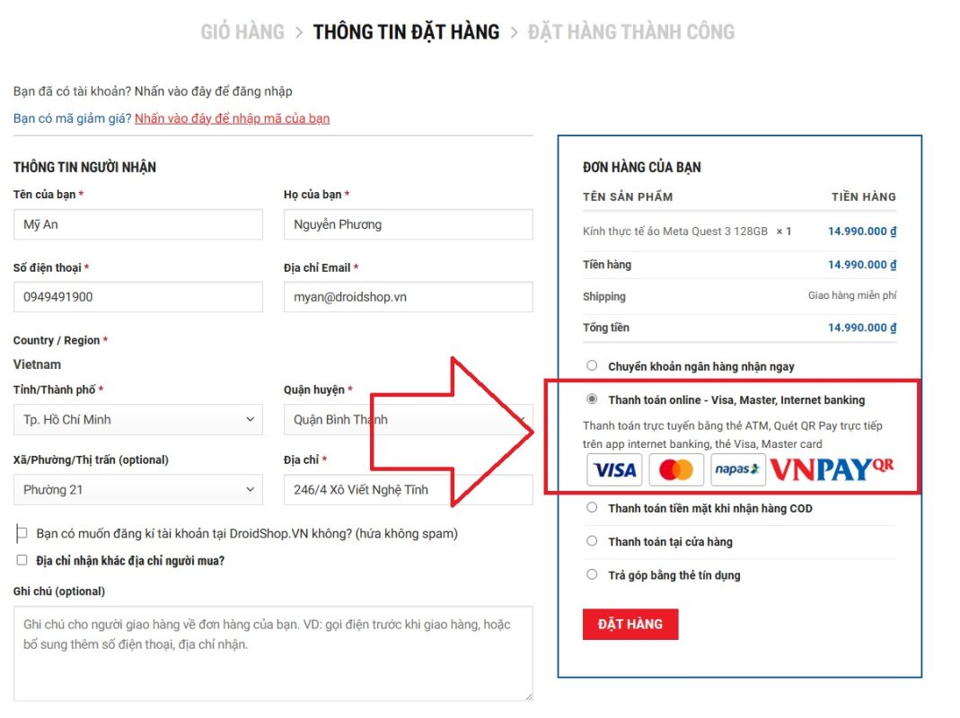 Chọn Hình Thức Thanh Toán Online Tại Droidshop