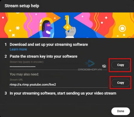 Bấm Copy 2 Trường Này để Lấy Stream Key Và Stream Url