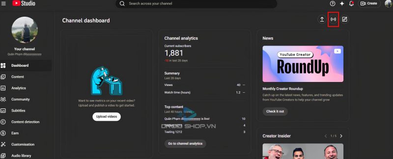 Biểu Tượng Livestream Trong Giao Diện Youtube Studio