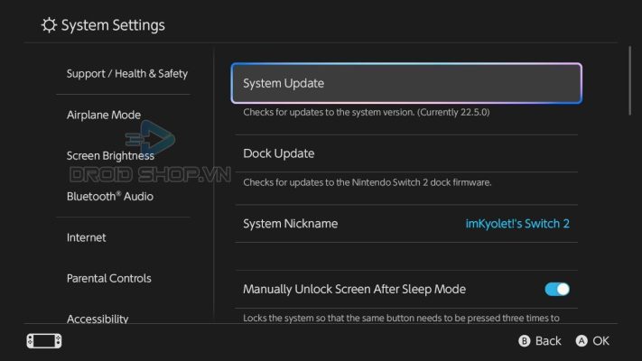 Phần System Update Trong Cài đặt